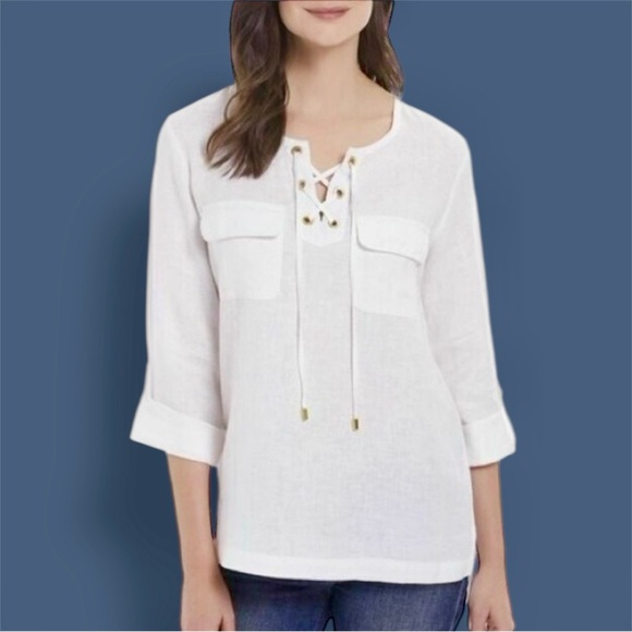 Ellen Tracy Tops - ELLEN TRACY White Linen Lace-Up Blouse Women’s Top
